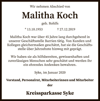 Traueranzeige von Malitha Koch von SYK