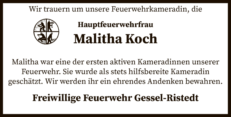  Traueranzeige für Malitha Koch vom 31.12.2019 aus SYK