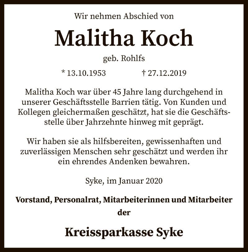  Traueranzeige für Malitha Koch vom 03.01.2020 aus SYK