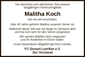 Traueranzeige von Malitha Koch von SYK