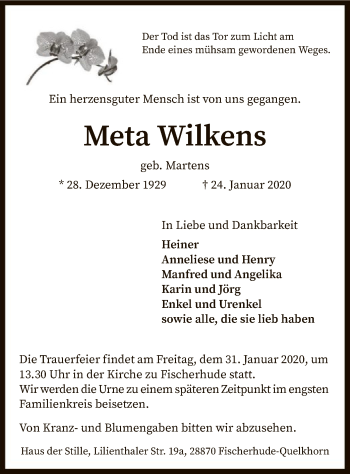 Traueranzeige von Meta Wilkens von SYK