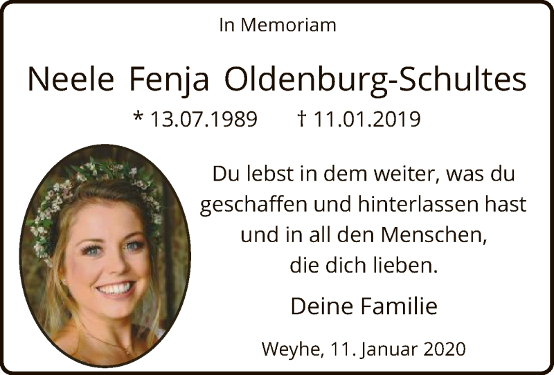  Traueranzeige für Neele Fenja Oldenburg-Schultes vom 11.01.2020 aus SYK