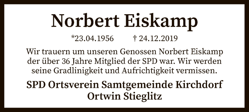  Traueranzeige für Norbert Eiskamp vom 07.01.2020 aus SYK