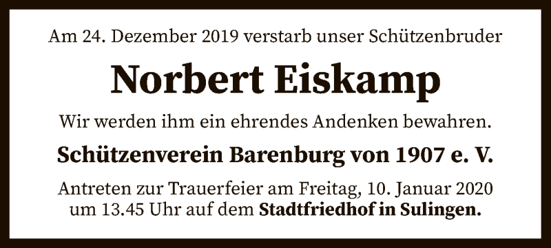  Traueranzeige für Norbert Eiskamp vom 07.01.2020 aus SYK