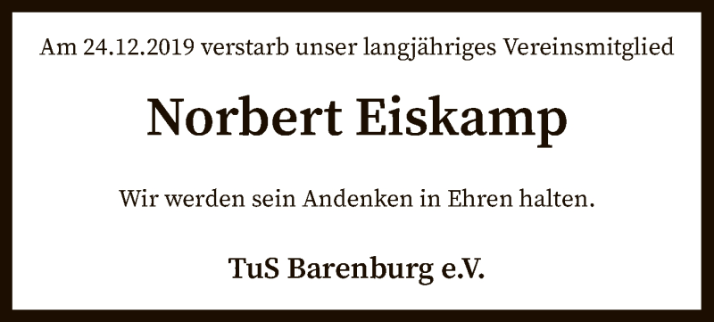  Traueranzeige für Norbert Eiskamp vom 07.01.2020 aus SYK