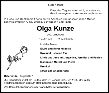 Traueranzeige von Olga Kunze von SYK