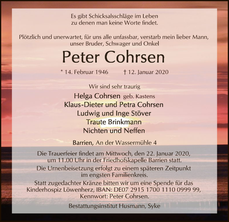  Traueranzeige für Peter Cohrsen vom 18.01.2020 aus SYK