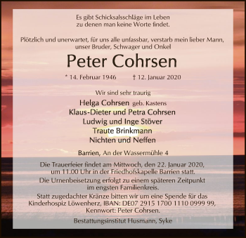 Traueranzeige von Peter Cohrsen von SYK