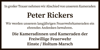 Traueranzeige von Peter Rickers von SYK