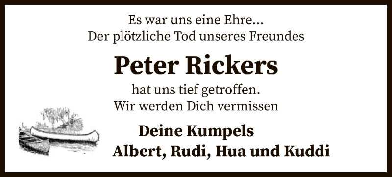  Traueranzeige für Peter Rickers vom 21.01.2020 aus SYK
