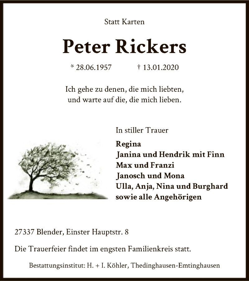 Traueranzeige für Peter Rickers vom 18.01.2020 aus SYK