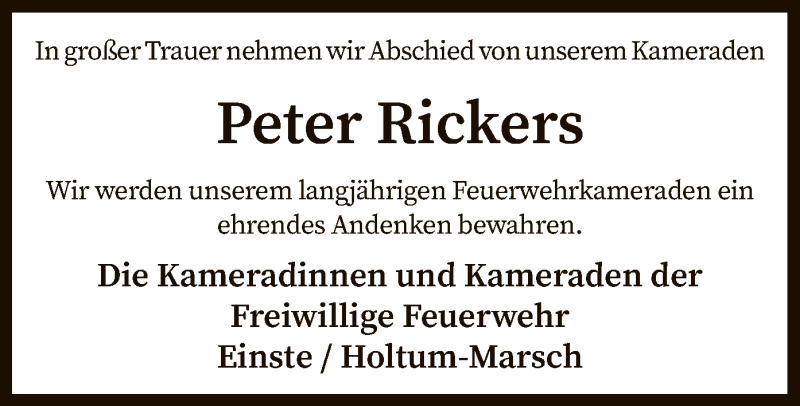  Traueranzeige für Peter Rickers vom 21.01.2020 aus SYK