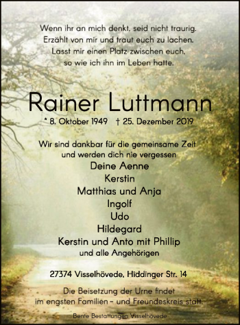 Traueranzeige von Rainer Luttmann von SYK