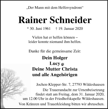 Traueranzeige von Rainer Schneider von SYK