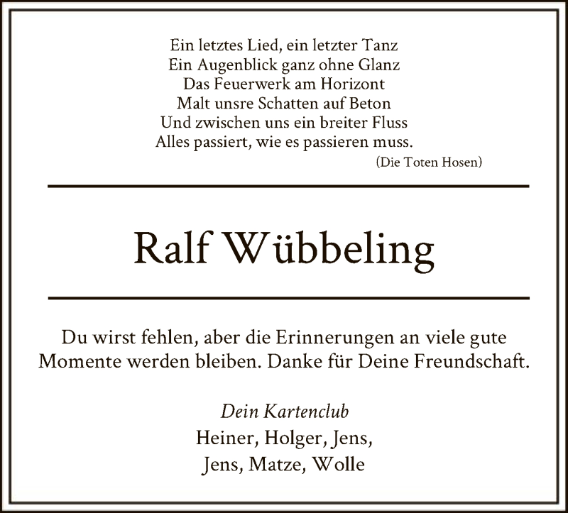  Traueranzeige für Ralf Wübbeling vom 25.01.2020 aus SYK