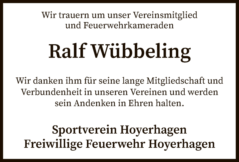  Traueranzeige für Ralf Wübbeling vom 25.01.2020 aus SYK