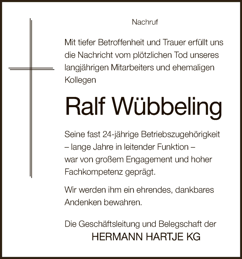  Traueranzeige für Ralf Wübbeling vom 25.01.2020 aus SYK