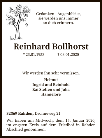 Traueranzeige von Reinhard Bollhorst von SYK