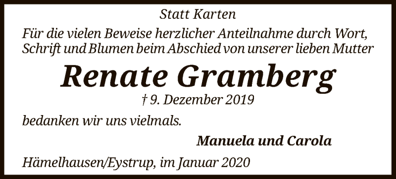  Traueranzeige für Renate Gramberg vom 25.01.2020 aus SYK