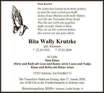 Traueranzeige von Rita Wally Krutzke von SYK