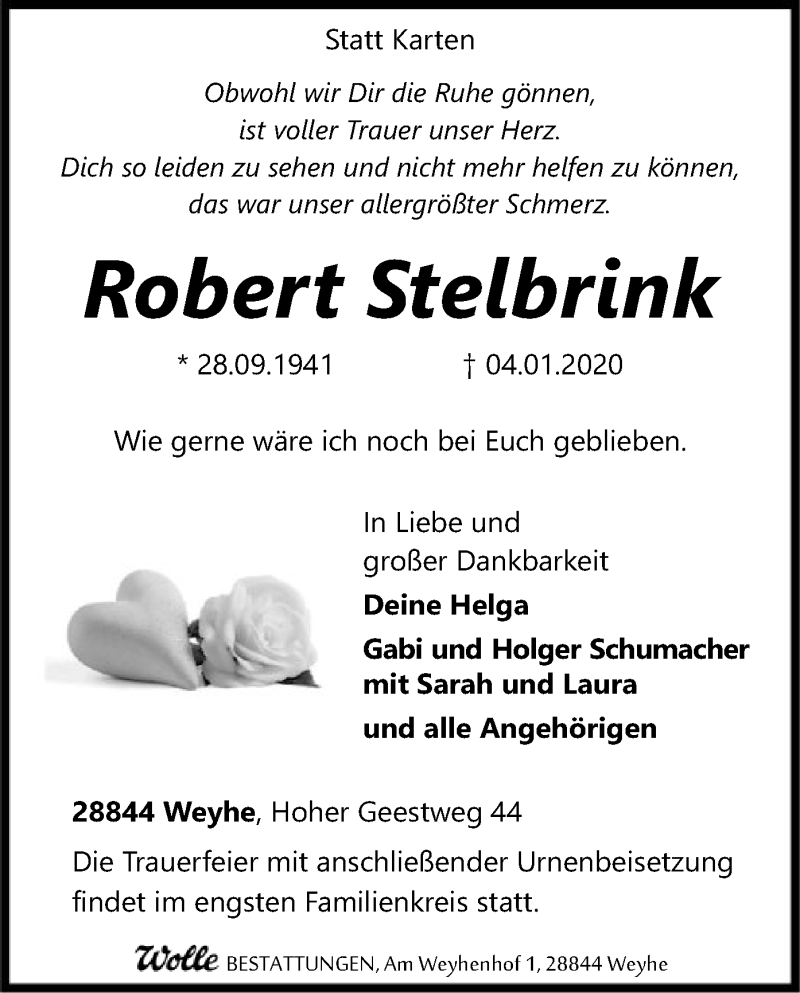  Traueranzeige für Robert Stelbrink vom 08.01.2020 aus SYK