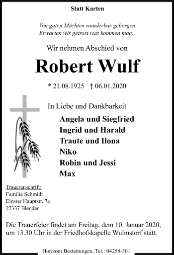 Traueranzeige von Robert Wulf von SYK