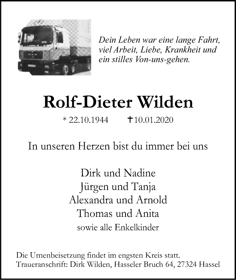  Traueranzeige für Rolf-Dieter Wilden vom 18.01.2020 aus SYK