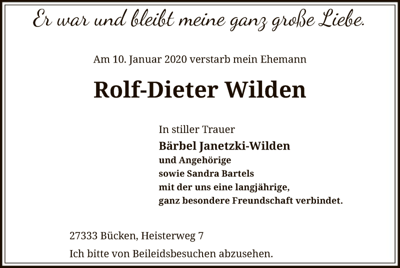  Traueranzeige für Rolf-Dieter Wilden vom 15.01.2020 aus SYK