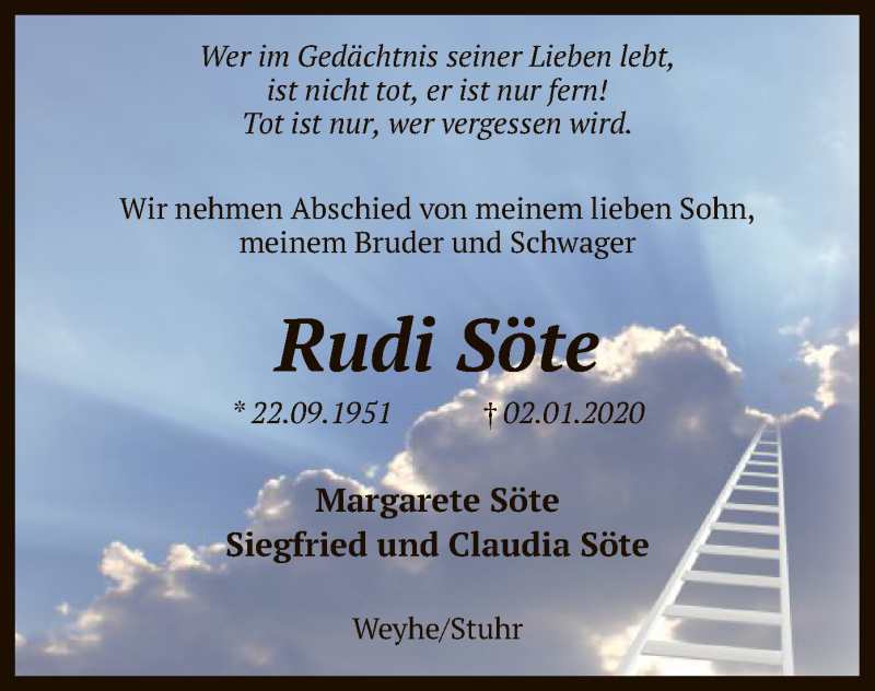  Traueranzeige für Rudi Söte vom 07.01.2020 aus SYK