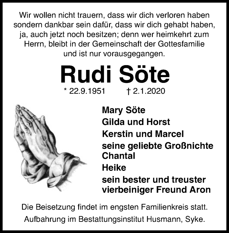  Traueranzeige für Rudi Söte vom 07.01.2020 aus SYK