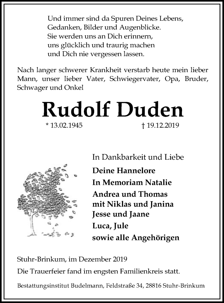  Traueranzeige für Rudolf Duden vom 31.12.2019 aus SYK