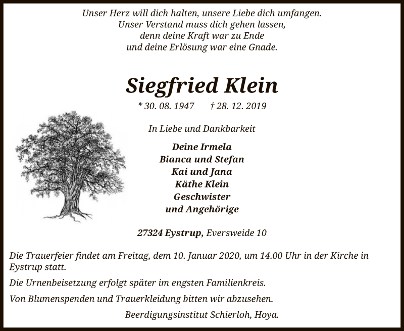  Traueranzeige für Siegfried Klein vom 04.01.2020 aus SYK