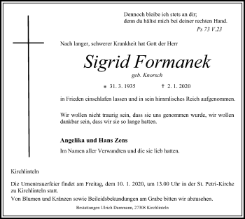 Traueranzeige von Sigrid Formanek von SYK