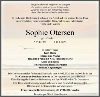 Traueranzeige von Sophie Otersen von SYK