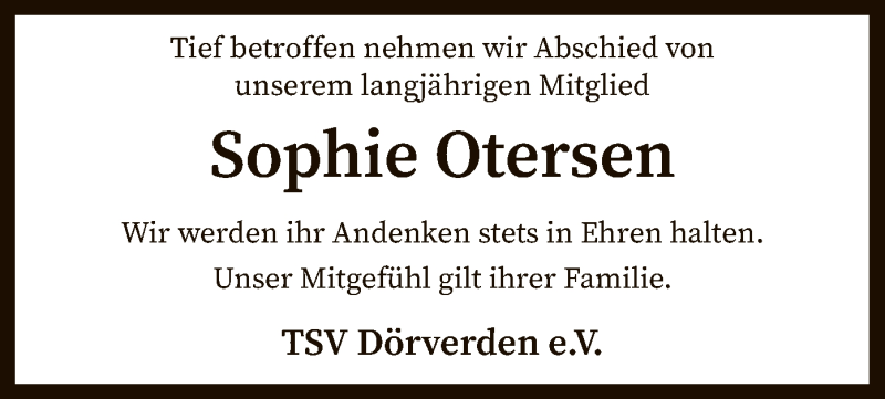  Traueranzeige für Sophie Otersen vom 25.01.2020 aus SYK