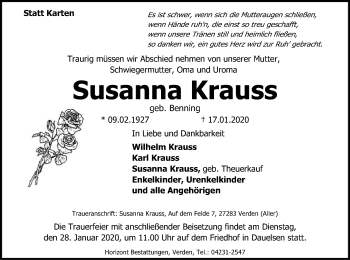 Traueranzeige von Susanna Krauss von SYK