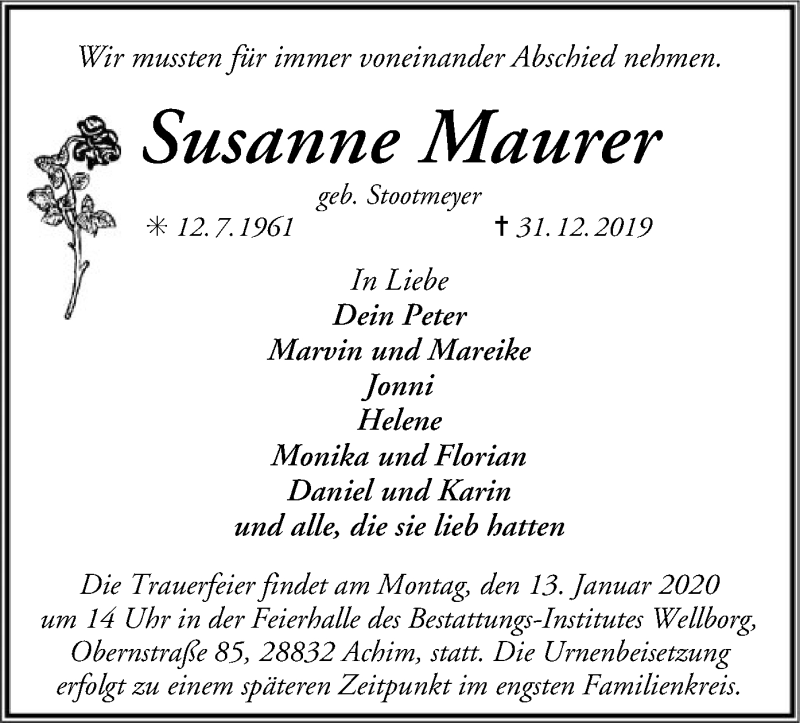  Traueranzeige für Susanne Maurer vom 04.01.2020 aus SYK