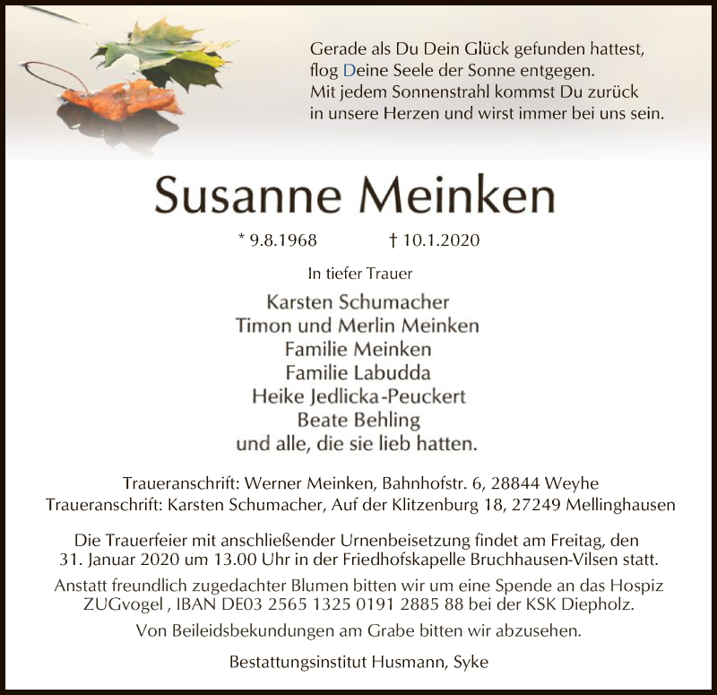 Traueranzeige für Susanne Meinken vom 18.01.2020 aus SYK