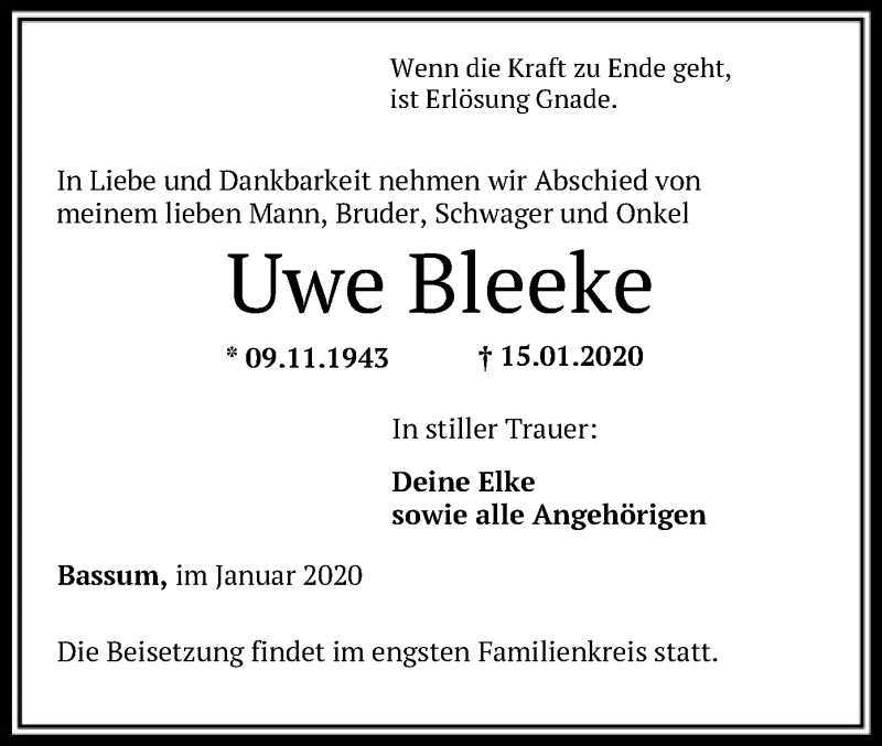  Traueranzeige für Uwe Bleeke vom 18.01.2020 aus SYK