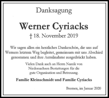 Traueranzeige von Werner Cyriacks von SYK