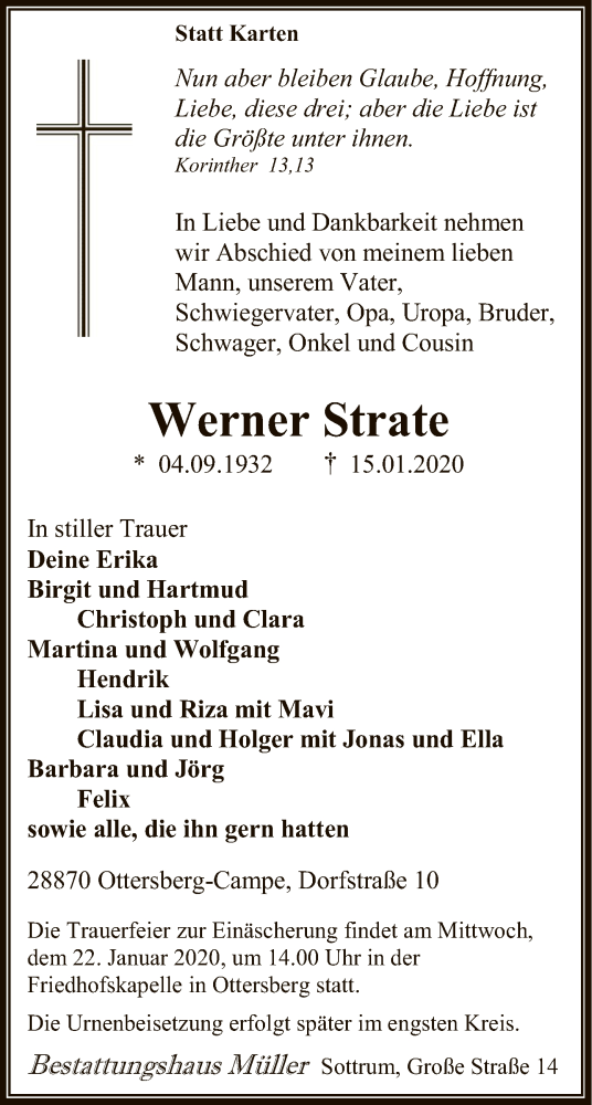  Traueranzeige für Werner Strate vom 18.01.2020 aus SYK