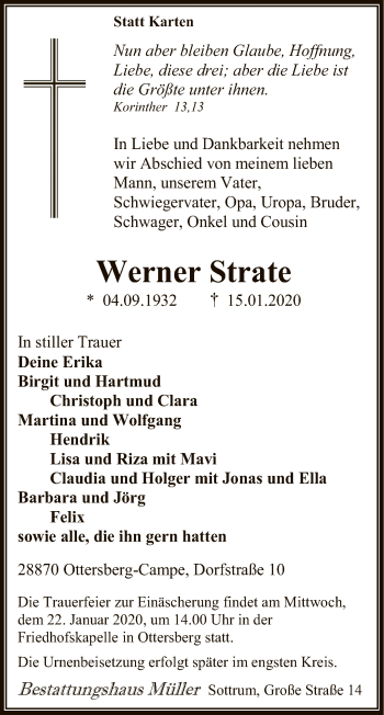 Traueranzeige von Werner Strate von SYK