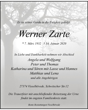 Traueranzeige von Werner Zarte von SYK