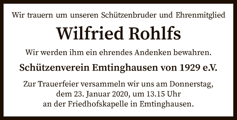  Traueranzeige für Wilfried Rohlfs vom 18.01.2020 aus SYK