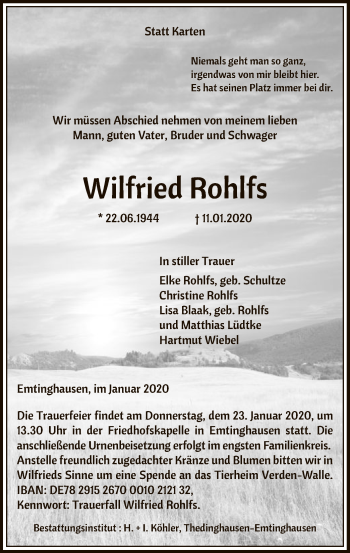 Traueranzeige von Wilfried Rohlfs von SYK