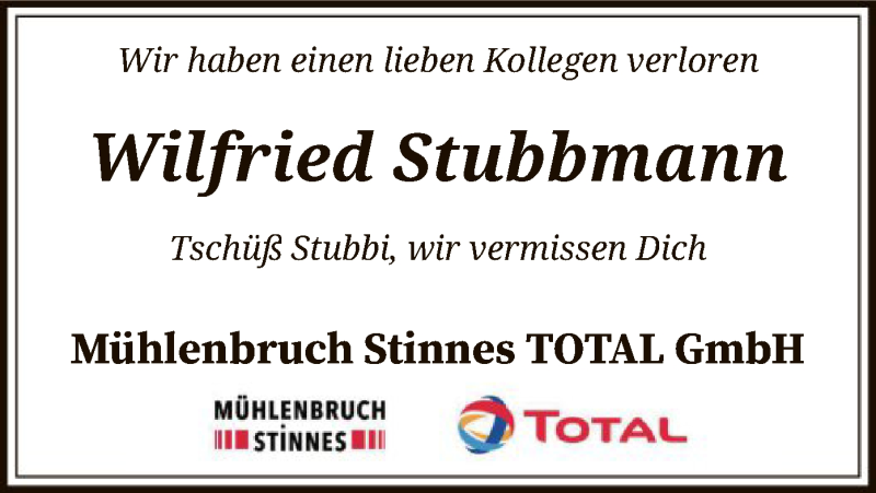  Traueranzeige für Wilfried Stubbmann vom 25.01.2020 aus SYK