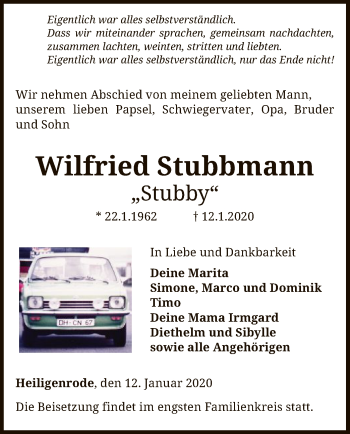 Traueranzeige von Wilfried Stubbmann von SYK