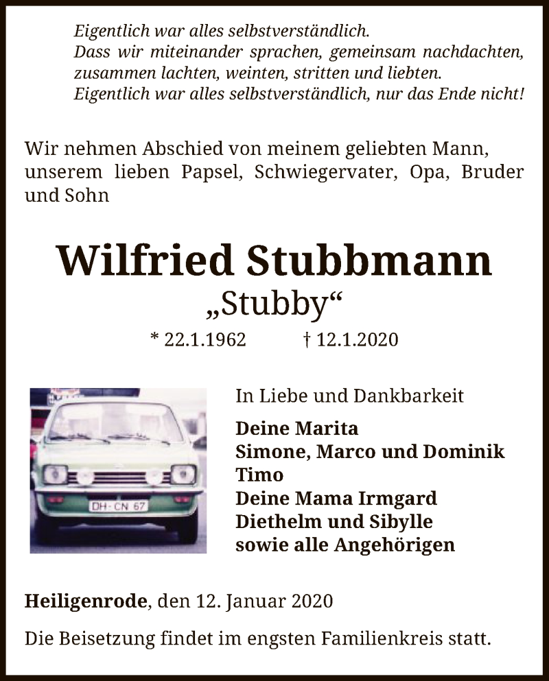  Traueranzeige für Wilfried Stubbmann vom 25.01.2020 aus SYK