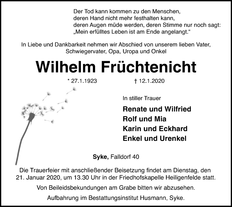  Traueranzeige für Wilhelm Früchtenicht vom 15.01.2020 aus SYK