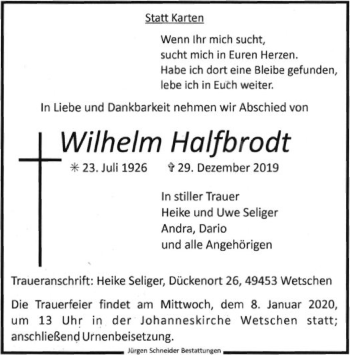 Traueranzeige von Wilhelm Halfbrodt von SYK